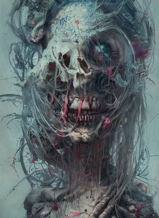 Image similar to Alice attends Mad Tea Party,highly detailed,half skull face,cinematic,8k,by Stanley Artgermm,Tom Bagshaw,Greg Rutkowski,Carne Griffiths, Ayami Kojima, Beksinski, Giger,trending on DeviantArt,hyper detailed,horror, full of colour