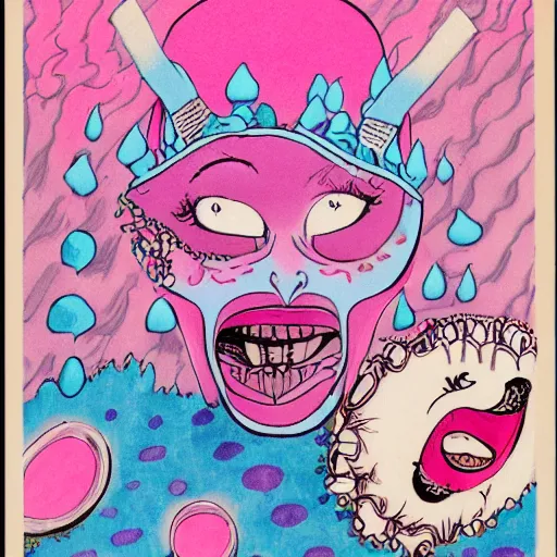 Image similar to laughing insane eyes mouth mask pink ice cream, blue waffle cone, jester themed, intricate concept art, thick line drawing, 1 9 8 3 action painted book cover art