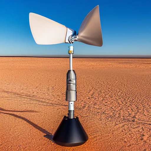 Prompt: cone shaped peaceful mobile biomimetic rugged anemometer station sensor antenna on all terrain tank wheels, for monitoring the australian desert, XF IQ4, 150MP, 50mm, F1.4, ISO 200, 1/160s, dawn, golden ratio, rule of thirds