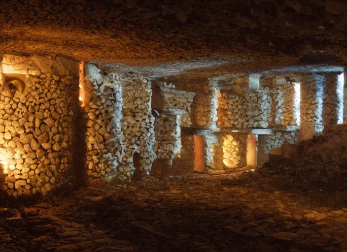 Prompt: Paris Catacombs, hyper realistic 4k by Albert Bierstadt and Greg rutkowski