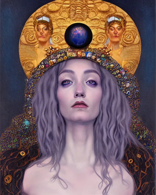 Image similar to full view Symbolic portrait of an ethereal Queen wearing a crown of sorrow sitting on throne by Gerald Brom and Gustav Klimt, detailed and realistic, featured on Artstation, soft lighting, behance