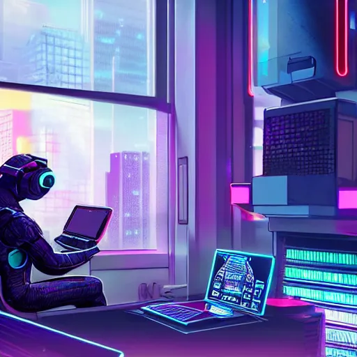 Prompt: a cyberpunk room, big windows overlooking a futuristic and neon city, in the middle of the room an otter typing on a computer terminal wearing big headphones, hyper realistic