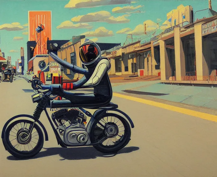 Image similar to a very detailed painting of a astronaut wearing a suit, riding a motorbike down a street, harley davidson motorbike, worm's - eye view, very fine brush strokes, very aesthetic, very futuristic, in the style of edward hopper and grant wood and syd mead, 4 k,