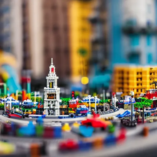 Image similar to a large scale city made of legos, 3 5 mm, shallow depth of field, diorama, 4 k