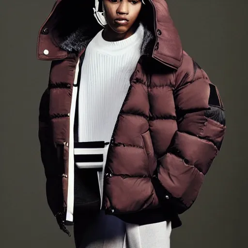 Image similar to realistic photoshooting for a new balenciaga lookbook color film photography of a beautiful woman model, model wears a puffer jacket, photo in style of tyler mitchell, ssense