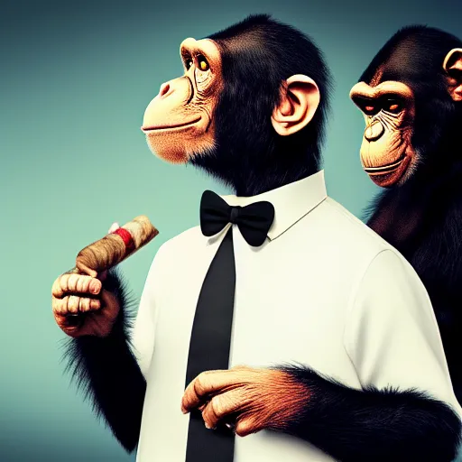 Image similar to A chimp wearing a tuxedo, smoking a cigar, holding cash. GTA style, dark background, studio lighting