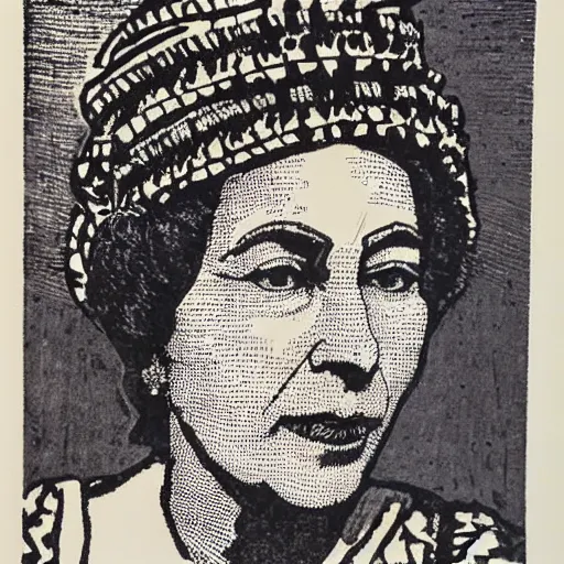 Prompt: queen elizabeth wearing herero headdress, lino print