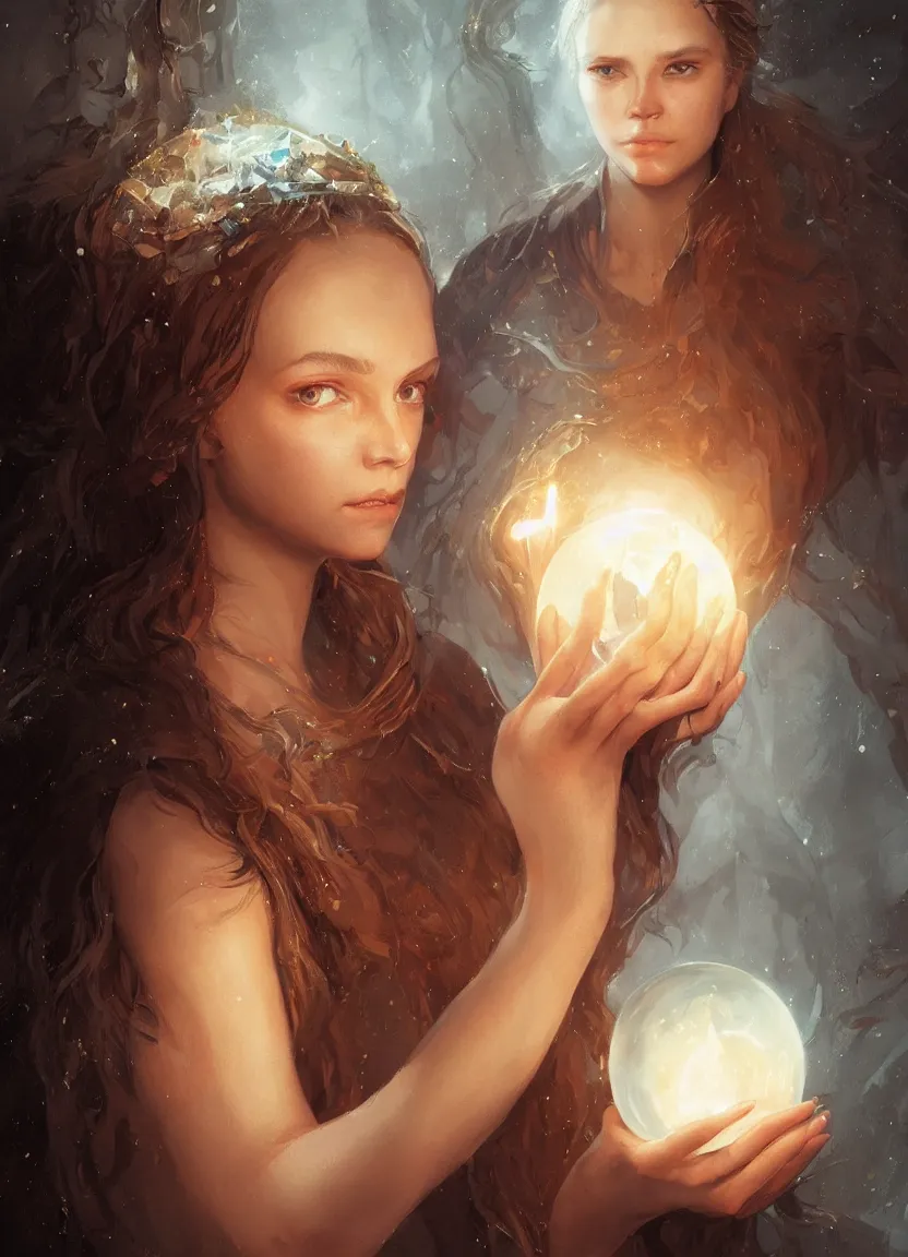 Image similar to portrait of a young wiccan witch with a crystal ball, true anatomy, detailed face, highly detailed, by greg rutkowski