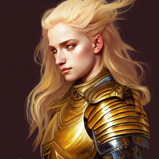 Prompt: Portrait of a girl with blonde hair wearing a heavy knight armor, golden accents, face, fantasy, intricate, elegant, highly detailed, digital painting, artstation, concept art, smooth, sharp focus, illustration, art by Wei Fan and Fernanda Suarez and Artem Demura and alphonse mucha