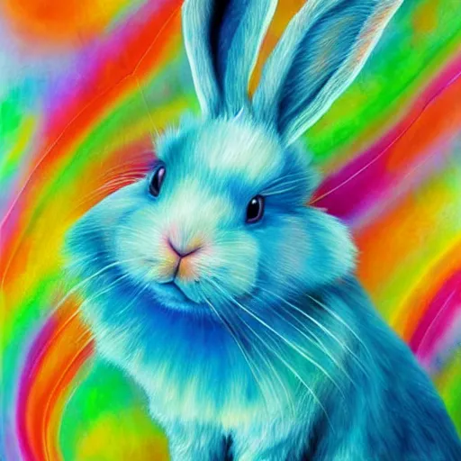 Image similar to luminescent colorful detailed airbrush painting of fluffy lop eared rabbit