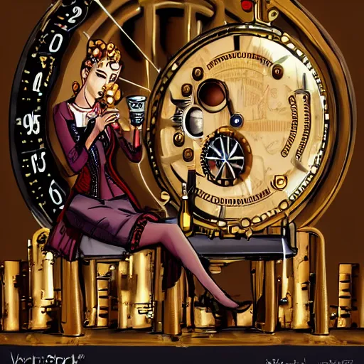 Image similar to digital clockwork woman drinking in a pub, steampunk style,