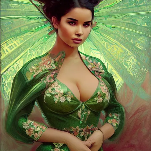 Image similar to demi rose wearing a green kebaya, digital painting, artstation, concept art, sharp focus, illustration, art by artgerm and greg rutkowski and alphonse mucha