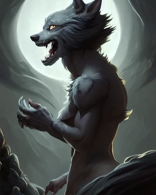 Image similar to gray werewolf, backlight, rim lighting, deep focus, d & d, fantasy, intricate, elegant, highly detailed, digital painting, artstation, concept art, matte, sharp focus, illustration, hearthstone, art by artgerm and greg rutkowski and alphonse mucha