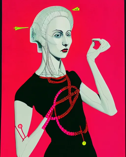 Prompt: portrait of a young pale woman with lilac hair, wearing a neon red dress by Vivienne Westwood, intricate details, cyberpunk, super-flat, in the style of Bartholomäus the Elder, black background