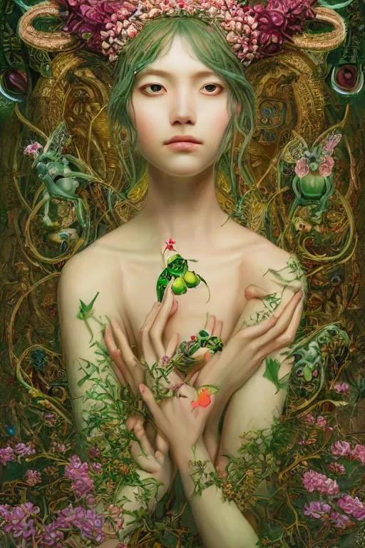 Image similar to breathtaking detailed concept art painting of the goddess of green bugs, orthodox saint, with anxious, piercing eyes, ornate background, amalgamation of leaves and flowers, by Hsiao-Ron Cheng, James jean, Miho Hirano, Hayao Miyazaki, extremely moody lighting, 8K