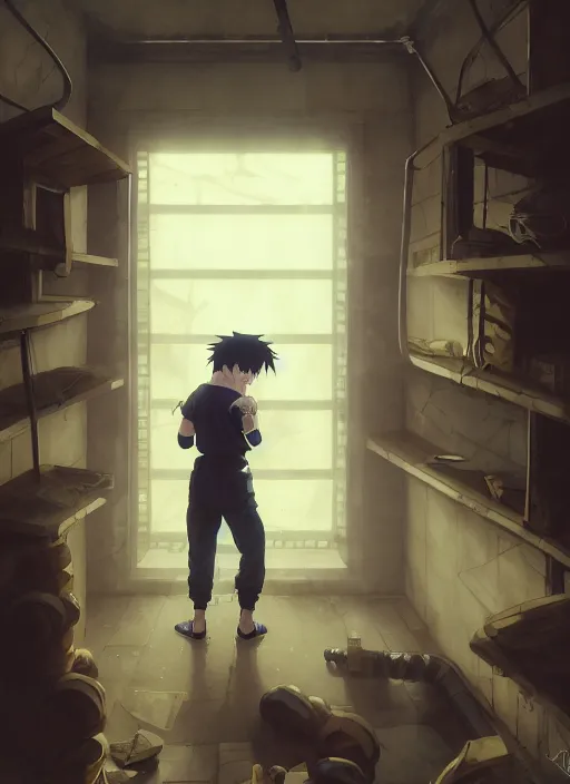 Image similar to highly detailed prison cell with naruto uzumaki with black hair, metal bars in window, powerfully hitting a wall, art by greg rutkowski, loish, rhads, ferdinand knab, makoto shinkai and lois van baarle, ilya kuvshinov, rossdraws, tom bagshaw, global illumination, radiant light, detailed and intricate environment