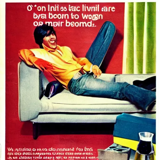 Image similar to lazy guy lying on the couch and doing nothing, 7 0 s advertisement, colorful