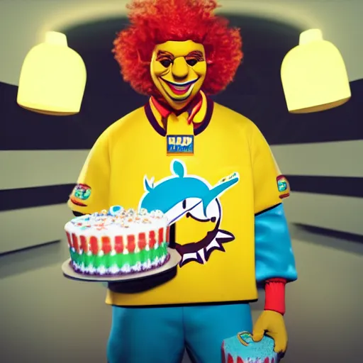 Image similar to Ronald Mcdonald with a birthday cake wearing a miami dolphins jersey, concept art, cgsociety, octane render, trending on artstation, unreal engine 8k,