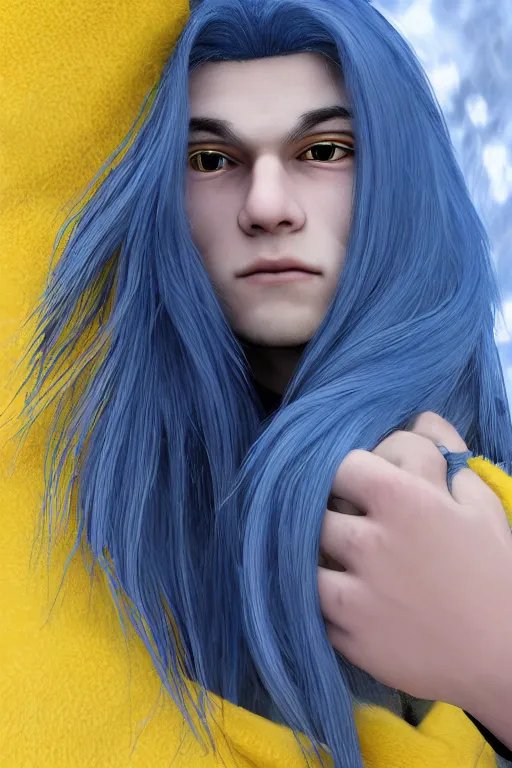 Image similar to a male teenager with long blue hair and yellow eyes wearing a winter overcoat, hyperrealistic, concept art, octane render, unreal engine 5, trending on artstation, high quality, 8 k, highly detailed, digital art, anatomically correct, symmetrical, realistic and defined face, profile picture, high coherence, path traced, beautiful, elegant clothes