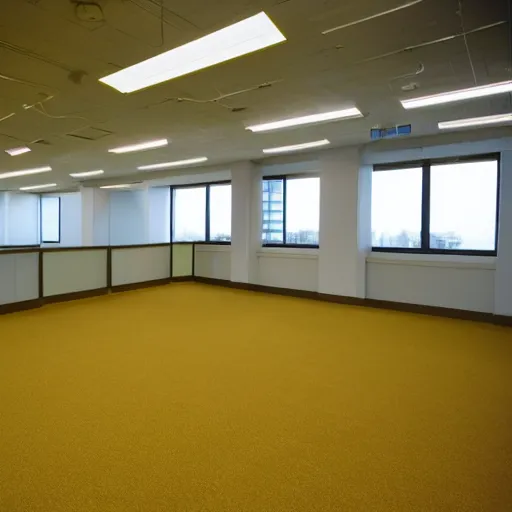 Prompt: A color film photograph of an empty endless office space, yellow walls, moist carpet, fluorescent lights, no furniture, no windows
