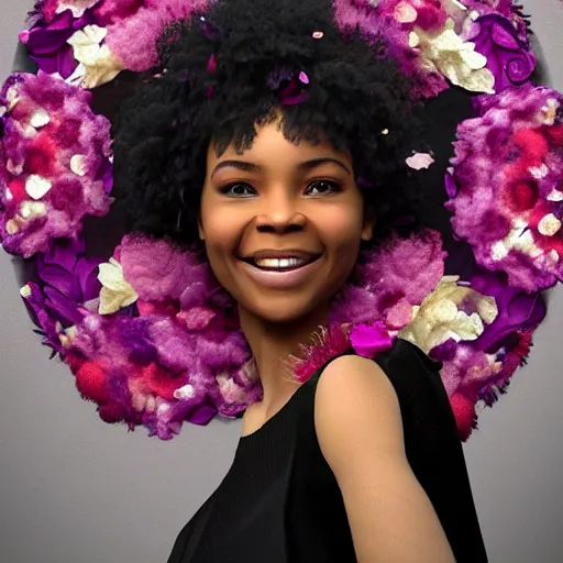 Image similar to portrait of a smiling beautiful black woman who looks like nia long and regina hall with big fluffy afro surrounded by flower petals by argerm and by alphonse mucha, face by wlop, trending on artstation, octane render