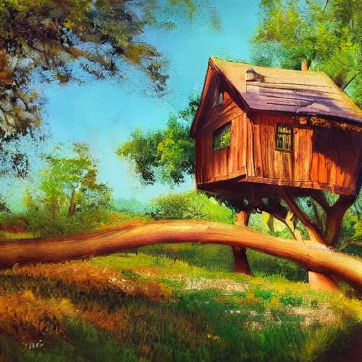 Image similar to treehouse in the countryside on a sunny day, peaceful, dreamy, brush strokes, oil painting