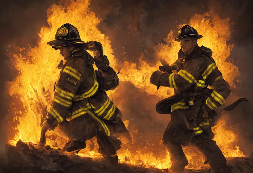 Prompt: one heroic firefighter in action in black and yellow uniform, fire flames, sharp details, sharp focus, realistic, highly detailed, illustration, by yerbol bulentayev and murat gul and pablo olivera and greg rutkowski, bloom, dramatic lighting