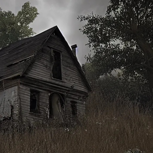 Image similar to There is an old, abandoned house on the edge of town that is said to be haunted. No one knows for sure what happened to the family who once lived there, but it is said that they were cursed. The house is said to be haunted by the spirits of the family members who died there, Realistic, Horror, Unreal Engine 4, Creepy,