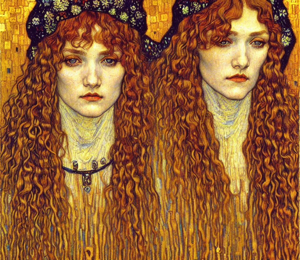 Image similar to detailed realistic beautiful young medieval queen face portrait by jean delville, gustav klimt and vincent van gogh, art nouveau, symbolist, visionary, gothic, pre - raphaelite, muted earthy colors, desaturated