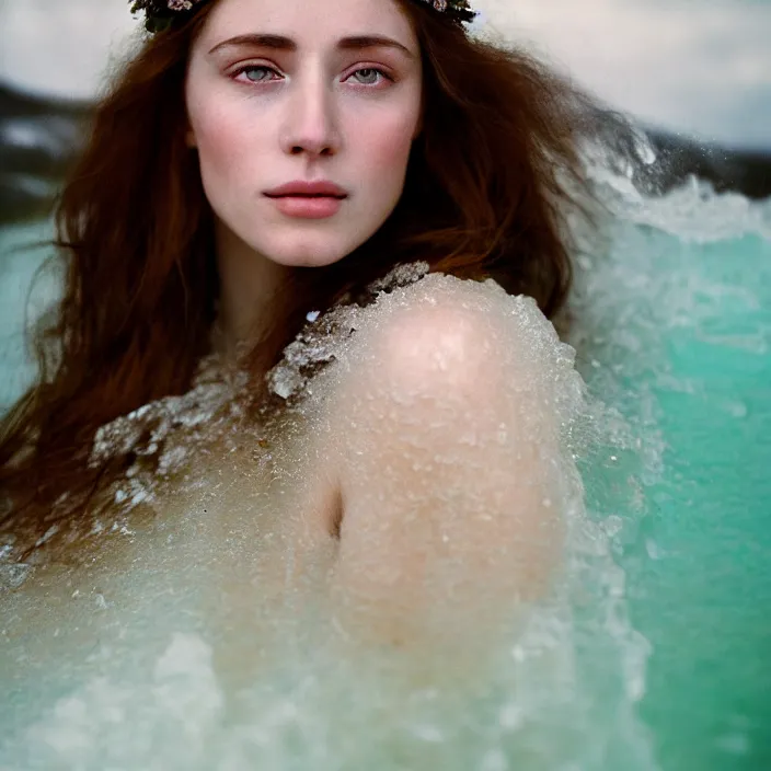 Image similar to Kodak Portra 400, 8K,ARTSTATION, CarolineGariba, soft light, volumetric lighting, highly detailed, britt marling style 3/4 ,portrait photo Close-up portrait photography of a beautiful woman how pre-Raphaelites, the face emerges from Pamukkale, thermal waters flowing down white travertine terraces, inspired by Ophelia paint ,and hair are intricate with highly detailed realistic beautiful flowers , Realistic, Refined, Highly Detailed, interstellar outdoor soft pastel lighting colors scheme, outdoor fine art photography, Hyper realistic, photo realistic