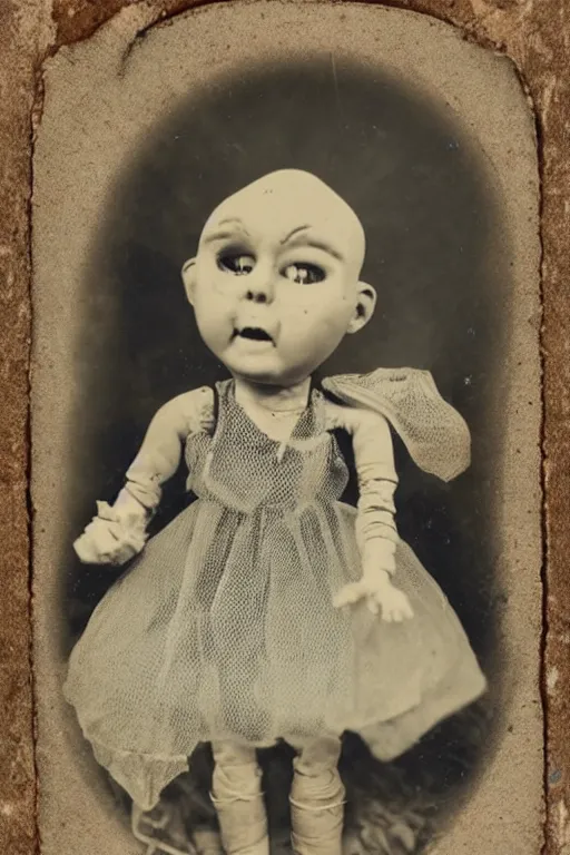 Prompt: dirty cracked crying vintage evil bald doll no mouth sitting in dirt basement cobwebs tintype photo