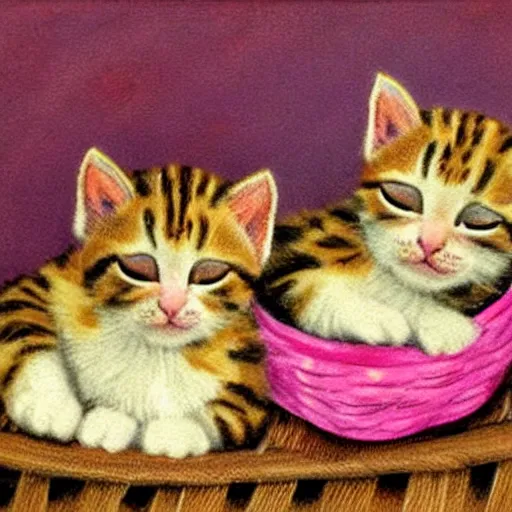 Prompt: two kittens sleeping in a basket, puffy paint, warm color palette, happy