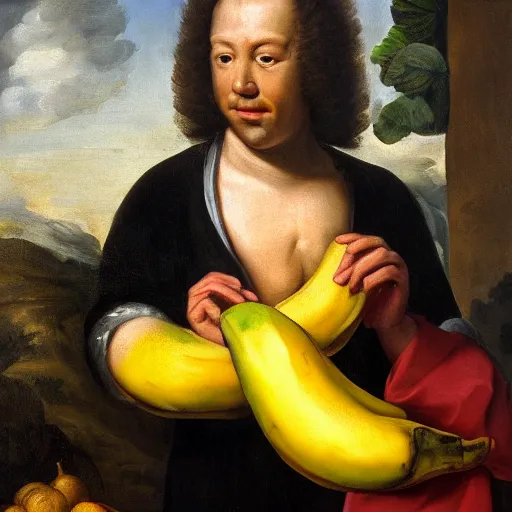 Prompt: man caressing a banana, oil painting, 1 6 6 9, high quality, high resolution