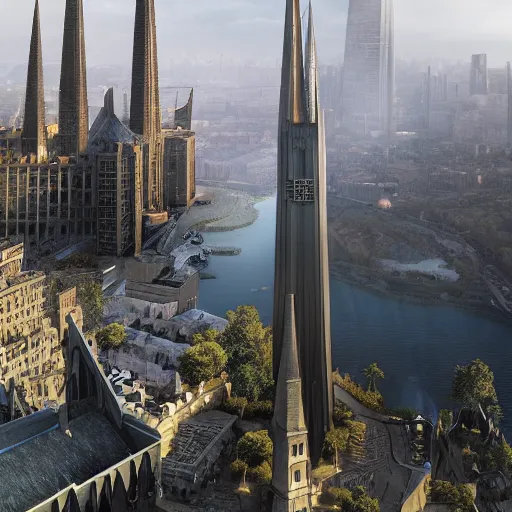 Image similar to an ultra detailed matte painting of the one impossibly tall ominous black spire in the palace district on an island in a river elevated high above the city fortress tower, fantasy capital city, ultrawide lense, aerial photography, volumetric lighting, exquisite detail, octane render, 8 k postprocessing, art by artgerm and greg rutkowski and alphonse mucha