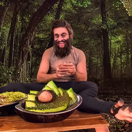 Image similar to nikocado avocado mukbang in the woods under the full moon