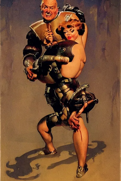 Prompt: 5 0 s pulp scifi fantasy illustration full body portrait martyn ford as huge troll wearing space armour and carrying a woman, by norman rockwell, roberto ferri, daniel gerhartz, edd cartier, jack kirby, howard v brown, ruan jia, tom lovell, frank r paul, jacob collins, dean cornwell, astounding stories, amazing, fantasy, other worlds