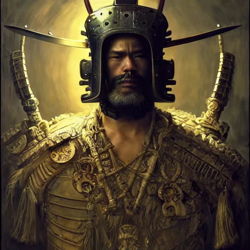 Prompt: highly detailed oil painting | very intricate | cinematic lighting | award - winning | the mayan samurai in full armor | by roberto ferri, by tom bagshaw, by j. c. leyendecker and klimt, beautiful cinematic light, american romanticism, by austin osman spare, artstation, cgsociety, official art, octane