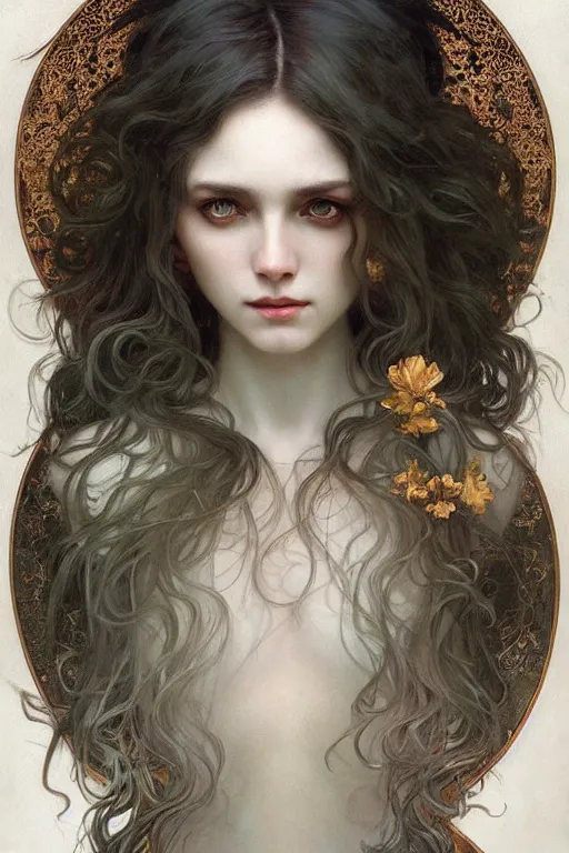 Prompt: goddess of moon, long dark hair, sad eyes, pale skin, elegant, fantasy, intricate, highly detailed, digital painting, artstation, concept art, smooth, sharp focus, art by art by Artem Demura and Alphonse Mucha, ArtGerm, valentina remenar, ruan jia