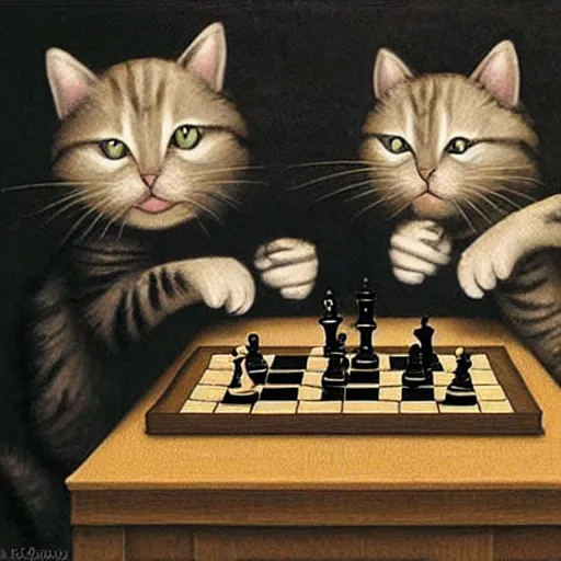 Image similar to two cats playing chess, in the style of Da Vinci