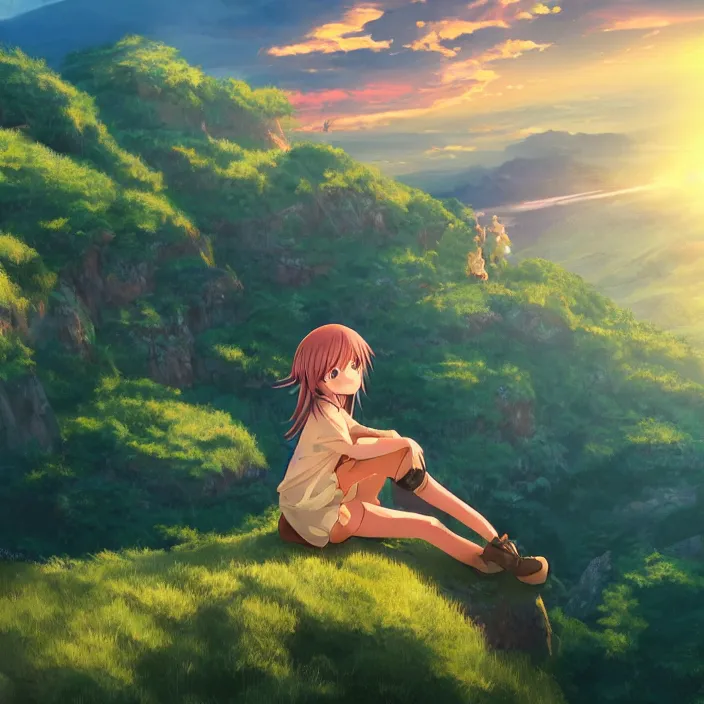 Image similar to Anime Girl Sitting on Edge of Cliff at a Green Valley at Sunset, Golden Hour! Trending on Artstation, Pixiv, Deviant Art!