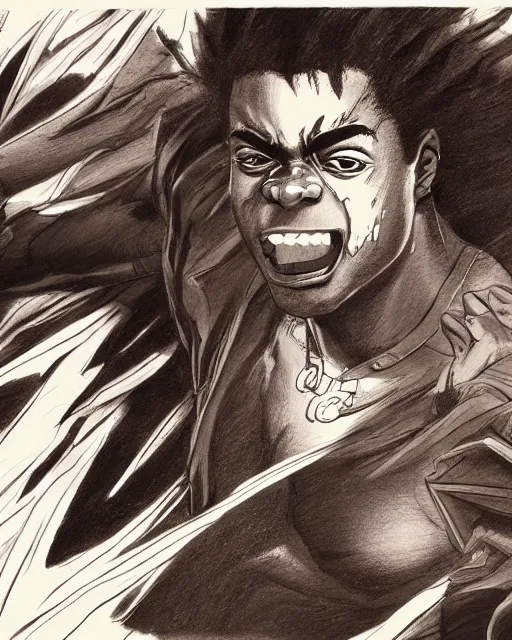 Image similar to a very detailed pencil drawing of kodak black in demon slayer manga panel, action lines, greg rutkowski, in field high resolution, dynamic pose, landscape, medium portrait, action, hyper realistic, manga, koyoharu gotouge, sakuga