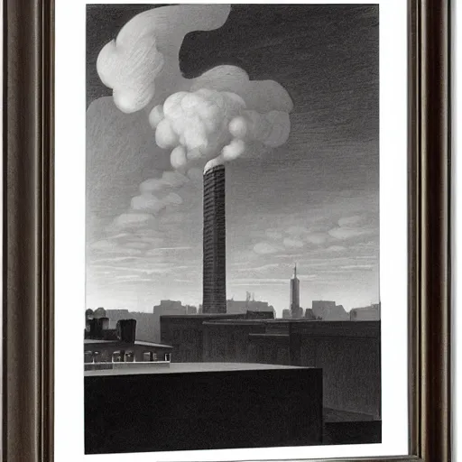 Image similar to an engraving of a storm battering a lighth tower skyscrepper in city downtown by edward hopper