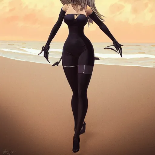 Image similar to full body portrait of 2 b nier automata wearing a skintight dress in a beach, large thighs, perfect face, intricate, elegant, highly detailed, digital painting, artstation, smooth, sharp focus, illustration, art by artgerm and greg rutkowski and alphonse mucha, 8 k