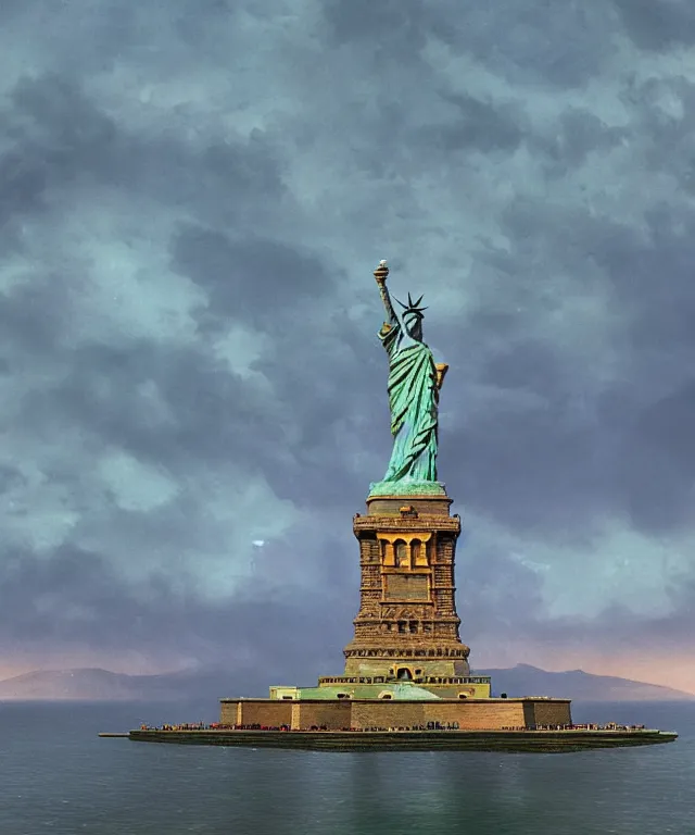 Prompt: highly detailed digital matte painting of a Lady Liberty statue taken back by nature Full shot. By Raphael LaCoste and Ruan Jia and Robert McCall, postcyberpunk, geodesic dome, hyperdetailed, sunrise, wide shot, autochrome, octane render