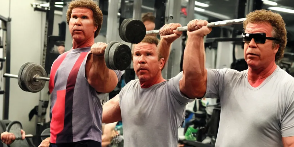 Prompt: Will Ferrell lifting weights in the style of Pixar