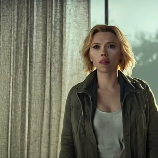 Image similar to live action still of scarlett johansson in true detective scene, film still, 8k, realistic