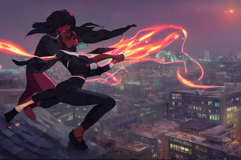 Prompt: a fierce young black female dressed as a ninja wearing a diamond is attacking an powerful goddess on a harlem rooftop, highly detailed, 4lighting, anime scenery by Makoto shinkai