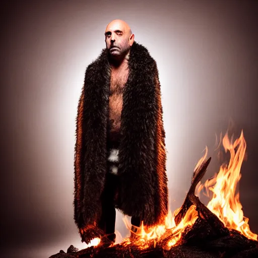 Image similar to Photo portrait Joe Rogan as a Neanderthal cave man wrapped in fur cloak lit by fire cave background dramatic lighting 85mm lens by Steve McCurry