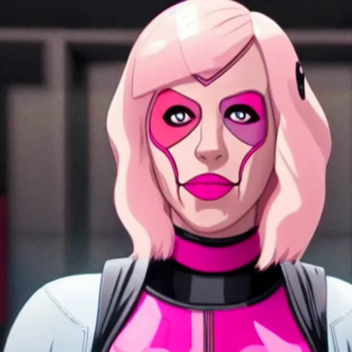 Image similar to A still of Gwenpool in Deadpool 3 (2023), no mask, blonde hair with pink highlights