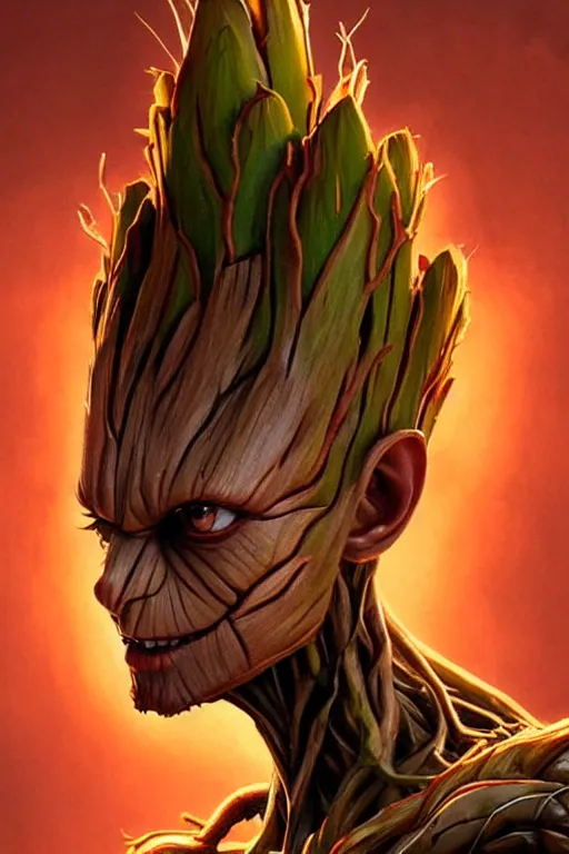 Image similar to Virat Kohli as Groot, Groot costume, Virat Kohli Face, cute, portrait, masculine figure, highly detailed, digital painting, artstation, concept art, smooth, sharp focus, illustration, cinematic lighting, art by artgerm and greg rutkowski and alphonse mucha